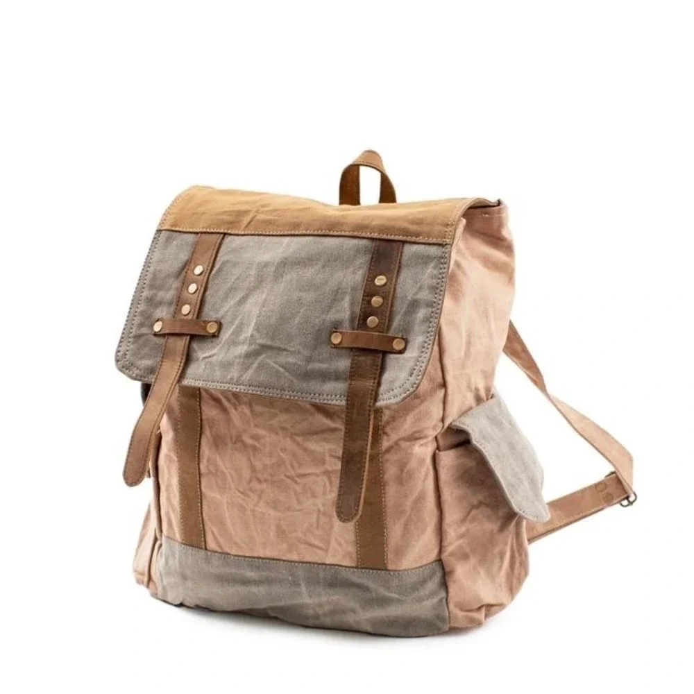 Sugarboo and Co. Canvas Rucksack Backpack OS Tan Grey Excellent Flap Top Straps